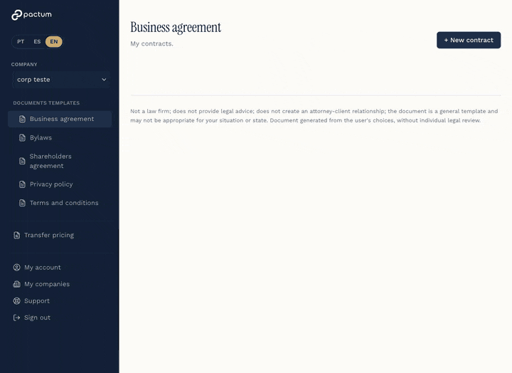 Interface do gerador de contratos Pactum